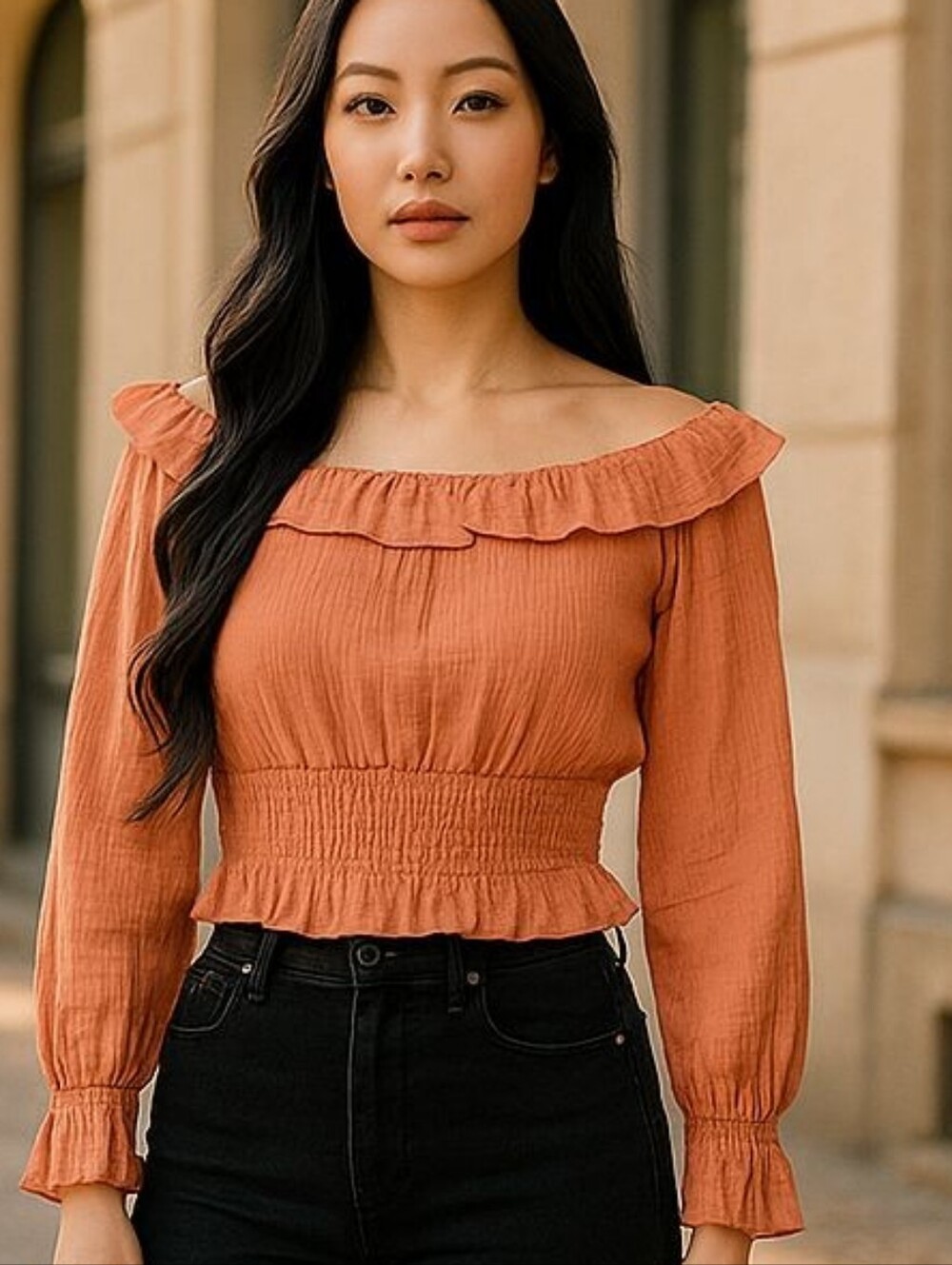 Lulu's Cropped Ruffle Cotton Gauze 3/4 Sleeve Apricot Top New with Tag Size SM